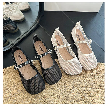 Mesh Breathable Flat Mary Jane Shoes Women Fashion Square Toe Soft Bottom Sandals Comfort Buckle Designer Ballet Shoe for Ladies