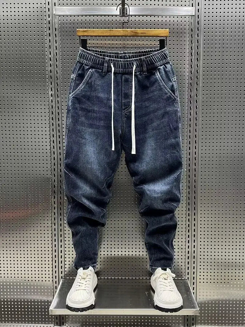 High Quality New 2024 Luxury Designer Casual Loose Drawstring Denim Jeans Men Full Length Wide Leg Streetwear Cowboy Harem Pants