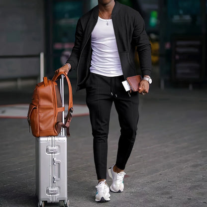 Men's Spring Casual Blazer Set Waffle Baseball Suit round Neck Zipper Long Sleeve Two-Piece Fashion Outfit with Pocket