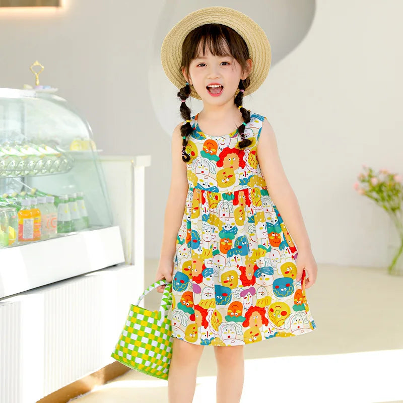 Girls Casual Dresses Flower Printing Sleeveless Casual Dress Toddler Clothes Flower Girl Dresses 2 To 8 Years