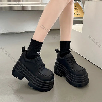 Women Platfrom Pumps Shoes Black Lace-up Leather Female British Style Spring Autumn New Heightening High Heels Mary Jane Loafers