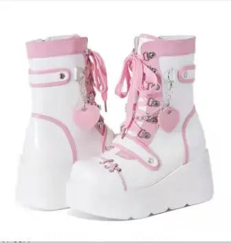 New Gothic Platform Shoes Women's Boots Vampire Role Play Womens Mid-calf Boots Lace Up Wedges Punk Style Botines Para Mujeres