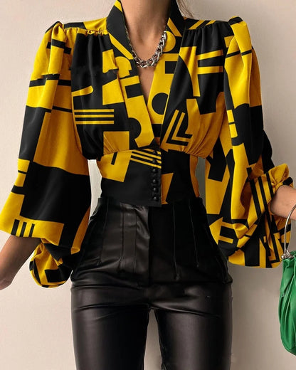 Women's Blouse Sexy Irregular V Neck Blusas Fashion Lantern Sleeve Solid Autumn Elegant Streetwear Casual Loose Tunic Top