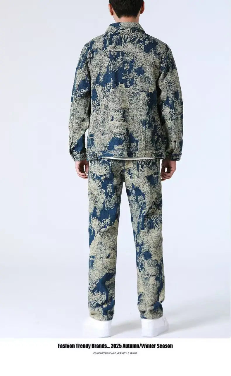 High Street Denim Sets Men's Jacquard Ragged Loose Casual Retro Washed Denim Shirt Style Jacket Jeans Pants