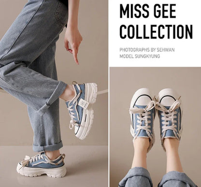 2025 Autumn New Women's Canvas Shoes Round Head Thick Soles Fringed Denim Casual Shoes Increased Height Sports