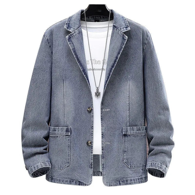 Autumn Winter Cotton Denim Suit Coats Men Loose Turn Down Collar Casual Denim Blazers Jacket Solid High Quality Suit Outwear Man