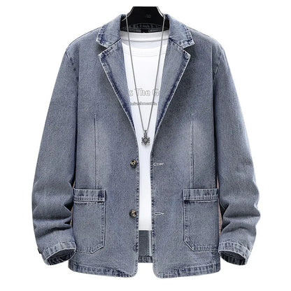 Autumn Winter Cotton Denim Suit Coats Men Loose Turn Down Collar Casual Denim Blazers Jacket Solid High Quality Suit Outwear Man