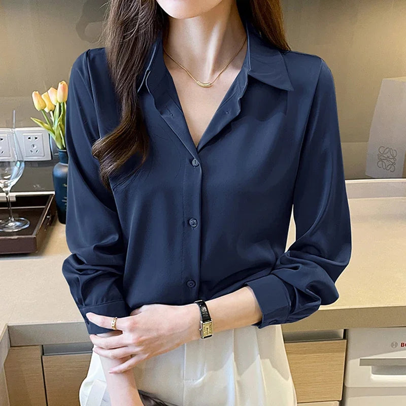 Fashion elegant satin shirts solid color ladies shirts causal Women's Blouses Spring Long Sleeve Shirts Tops Blusas Mujer