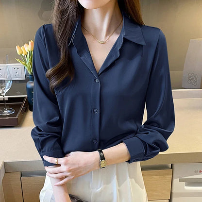 Fashion elegant satin shirts solid color ladies shirts causal Women's Blouses Spring Long Sleeve Shirts Tops Blusas Mujer