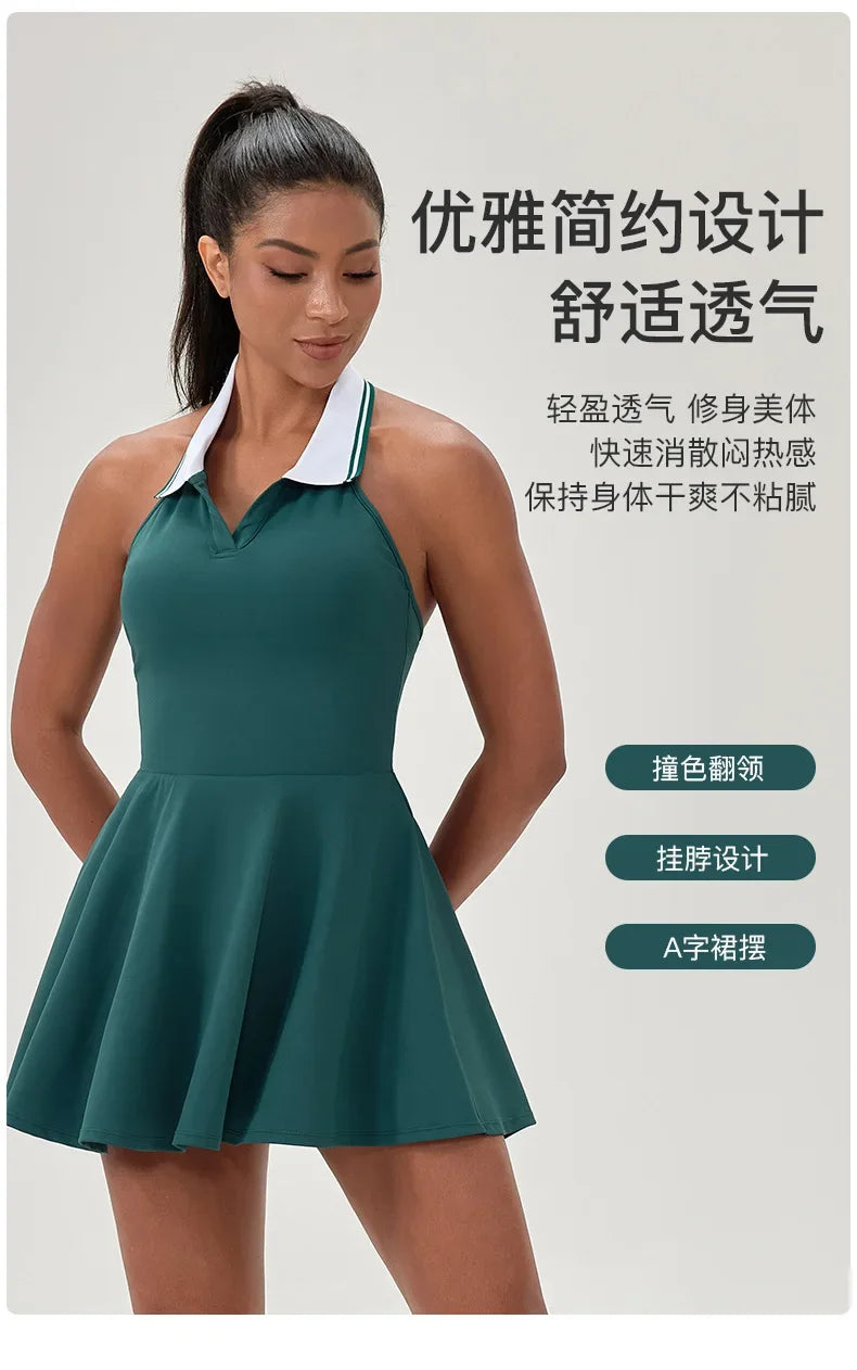 Summer Dress Vest Deep V Hanging Neck Sexy Dress for Women Contrasting Color Lapel Golf Skirt Outdoor Sports Gym Running