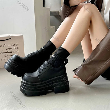 Women Platfrom Pumps Shoes Black Lace-up Leather Female British Style Spring Autumn New Heightening High Heels Mary Jane Loafers
