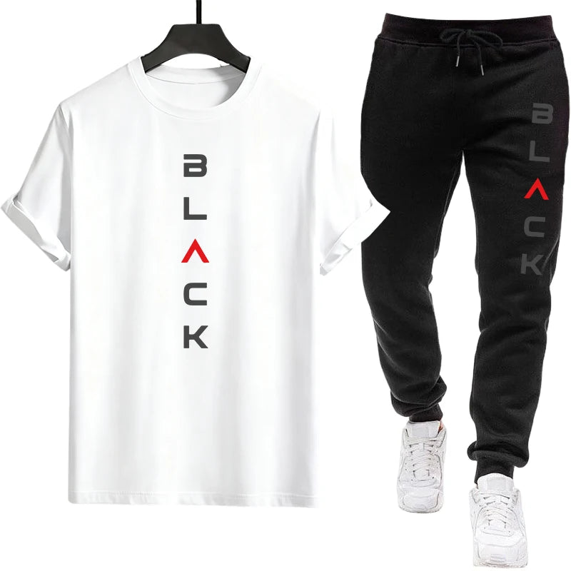 Male Spring Summer Home Outdoor Comfort Tees Set Black Letter Print Mens Tracksuit T-shirt + Pants Urban Causal Sports Outfit