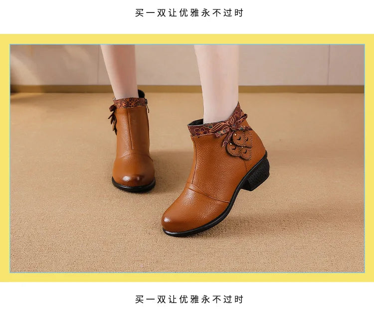 Top layer cowhide 2025 autumn and winter new retro ethnic style feature thick heel buckle splicing versatile women's short boots