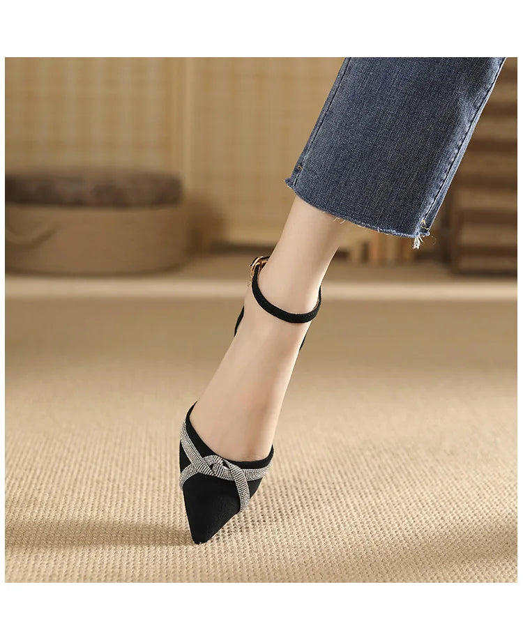 Size 30-44 Chunky Heel Hollow Point Toe High Heels Women Shoes Solid Color Ankle Strap Rhinestone Black Heels