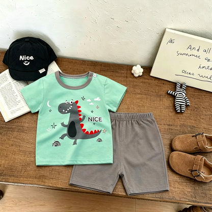 Fashion Summer Clothes Short-sleeved Tracksuits Cartoon Tshirt+Shorts Cartoon Tees Outfits Boys And Girls Cute Tees+Shorts Suit