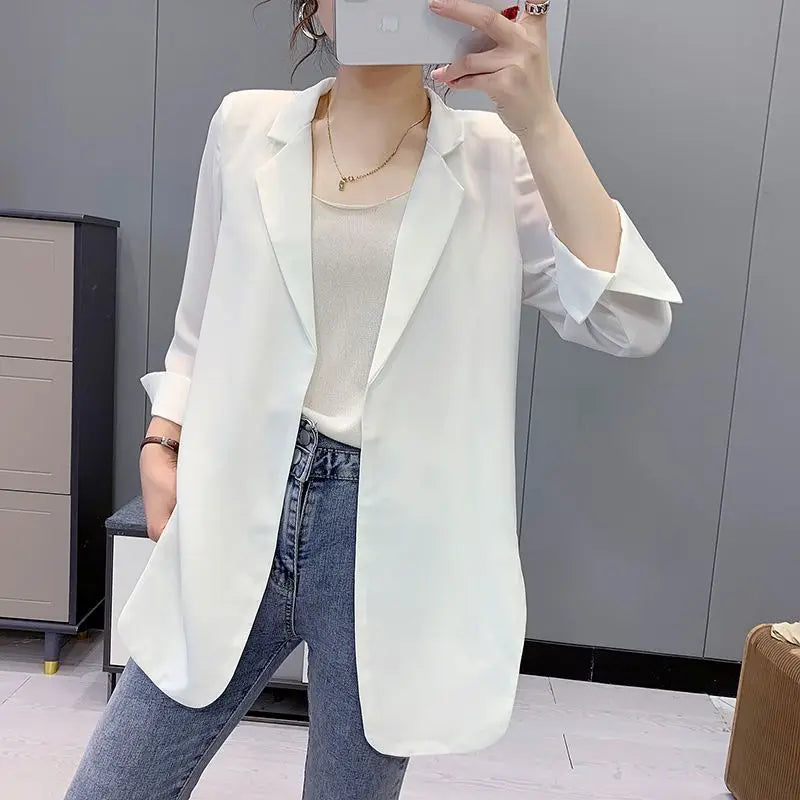 Women Blazer Jacket Cardigan Summer Suit Coat Three Quarter Sleeve Turn Down Collar Office Lady Open Stitch Outerwear 2025