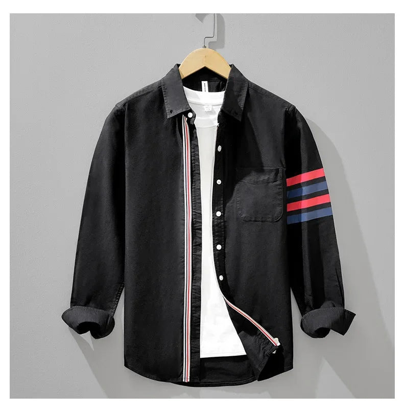 Fashionable Retro Striped Men's Long Sleeve Shirt Casual Handsome Outerwear Korean Style Spring Autumn Wear from Mainland China