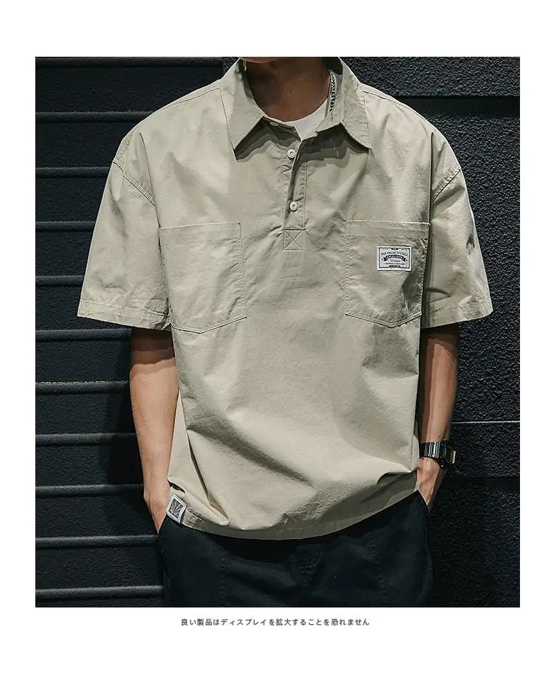 American Retro Men's  irt Summer Loose Workwear ort Sve T-irt Simple Sle Youth Trend ket Design Flat Iron