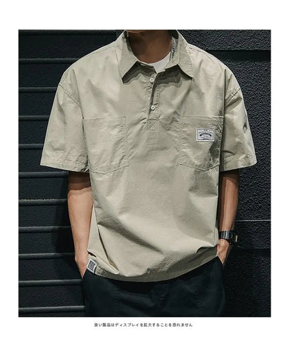 American Retro Men's  irt Summer Loose Workwear ort Sve T-irt Simple Sle Youth Trend ket Design Flat Iron