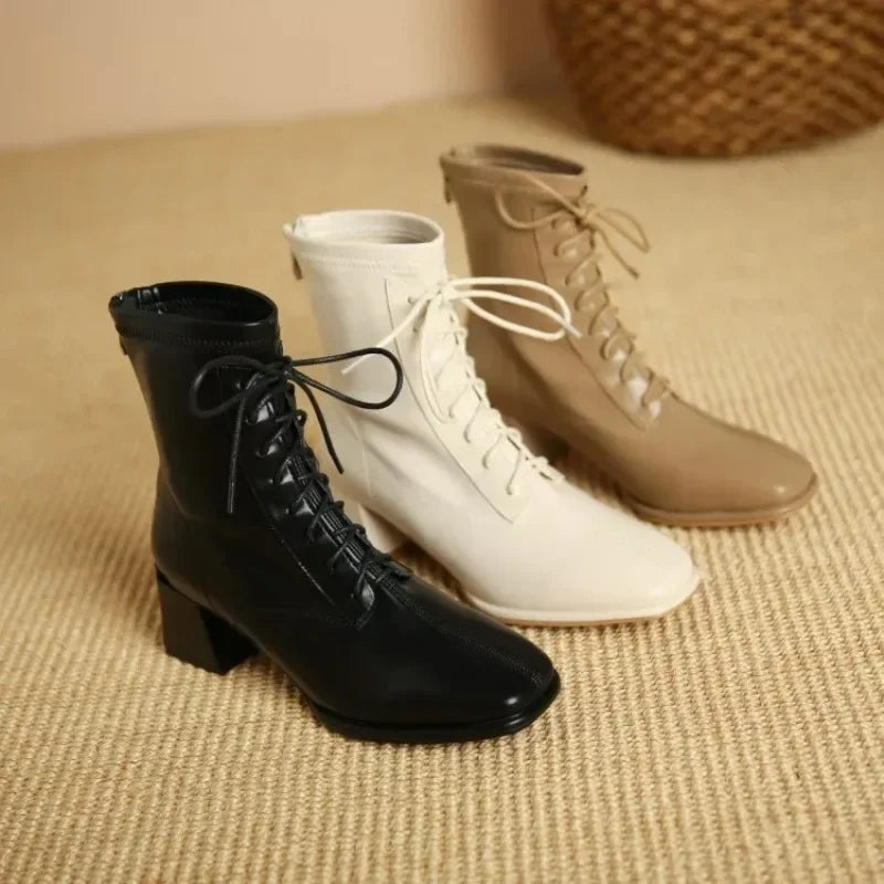Winter High Heel Women's Ankle Boots  Fashion Lace Up Short Boots Women's Thick High Heel Side Zipper Botas De Mujer 2024