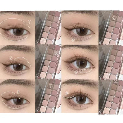 12-color low-saturation earthy pink-purple eyeshadow palette | Matte, pearlescent, and glitter textures | High color payoff