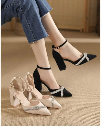 Size 30-44 Chunky Heel Hollow Point Toe High Heels Women Shoes Solid Color Ankle Strap Rhinestone Black Heels