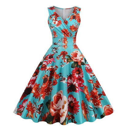 Floral Print 1950s 60s Vintage Women Dress Elegant Summer Robe Ladies Sleeveless V Neck A Line Swing Rockabilly Dresses 2025