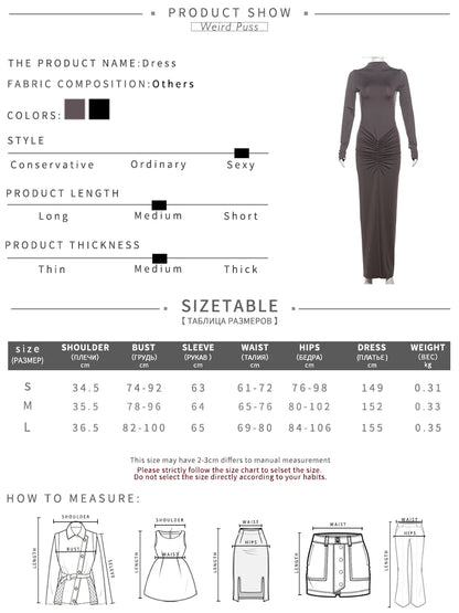 Weird Puss Hipster Ruched Dress Women O-Neck Full Sleeve Skinny Stretch Robe Autumn Trend Simple Classic Pleats Long Bodycon