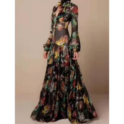 Vestidos Ladies Elegant Floral Print Lantern Long Sleeve Casual Chiffon Dress V-Neck Large Swing Dress New Spring Autumn Dresses