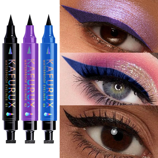 3 Color 2 IN 1 Seal Stamp Eyeliner Pen Waterproof Black Purple Blue Liquid Eye Liner Pencil Eyes Korean Makeup Gifts Cosmetic