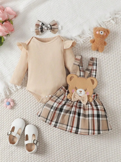 Baby Girl and Child Spring and Autumn Apricot Round Neck Lotus Leaf Edge Little Bear Long Sleeve jumpsuit and Bow Grid Strap Ski