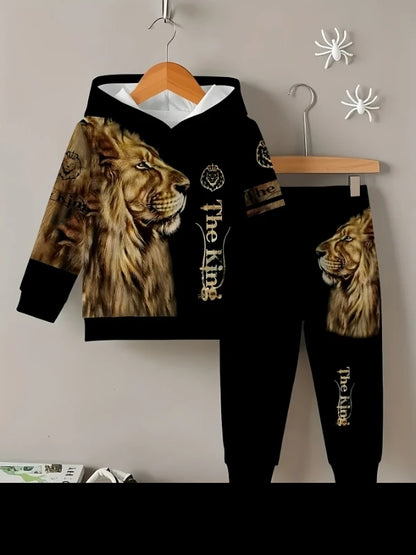 "Boys' Lion King Hoodie Set | 'The King' Bold Lion Print - Black Hooded Sweatshirt & Jogger Pants Two-Piece"