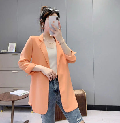 Women Blazer Jacket Cardigan Summer Suit Coat Three Quarter Sleeve Turn Down Collar Office Lady Open Stitch Outerwear 2025