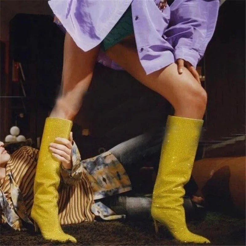 Women Rhinestone Knee High Boots Sexy Lady Pinted Toe Thin Heel Long Boots Woman's Slip-On High Heels Botas Mujer Invierno 2025