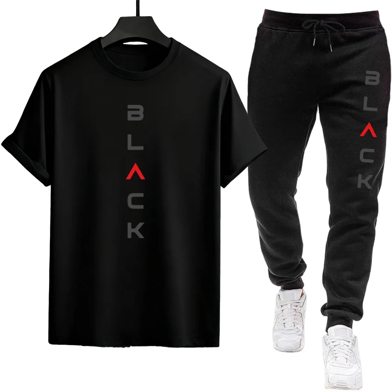 Male Spring Summer Home Outdoor Comfort Tees Set Black Letter Print Mens Tracksuit T-shirt + Pants Urban Causal Sports Outfit