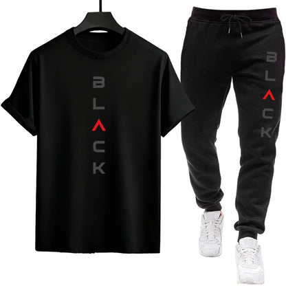 Male Spring Summer Home Outdoor Comfort Tees Set Black Letter Print Mens Tracksuit T-shirt + Pants Urban Causal Sports Outfit