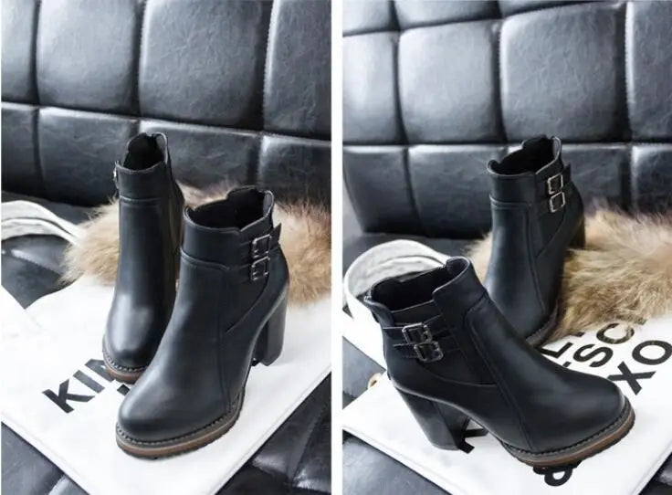 Women Shoes 2022 Autumn Size 43 Retro Black Pumps Belt Buckle Short Boots Fashion Heeled Ankle Boots Women Zipper Zapatos Mujer