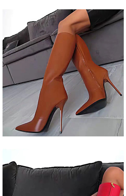 Arden Furtado Patent Leather Skinny boots Pointed toe Side zipper Super high heel Knee high boots Extra large size boots