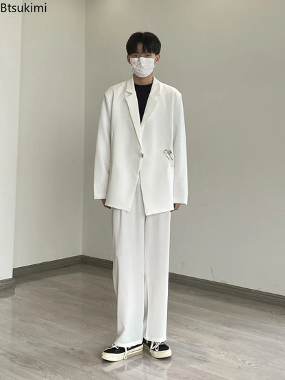 2026 Men's Korean Style Spring Casual Suit Jacekt Metal Buckle Male Loose  Male Solid Color Blazers Harajuku Long Sleeve Coats