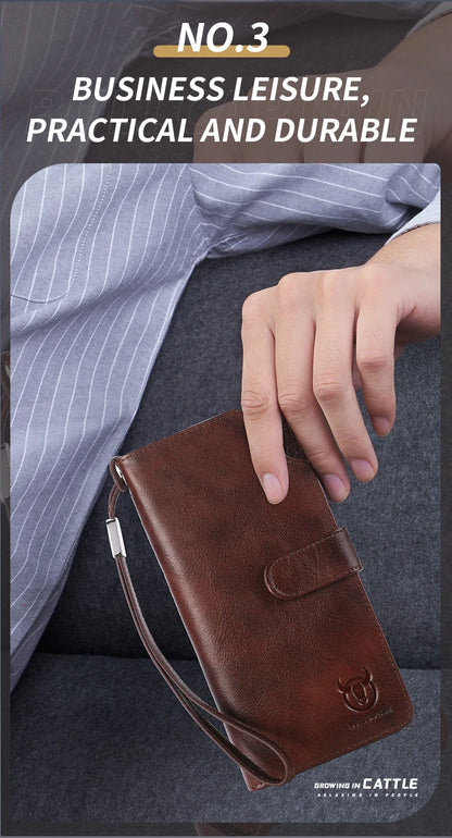 BULLCAPTAIN Men Long Wallet Clutch Bag Credit Card Holder Purses Carteras Billetera Hombre Leather Money Portfe Carte