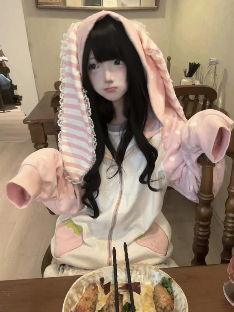 Aoaiiys Japanese Hoodies Women Kawaii Rabbit's Ears Loose Outerwear Strawberry Dot Print Aesthetic Sweatshirt Autumn Winter New