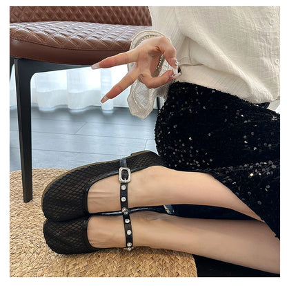 Mesh Breathable Flat Mary Jane Shoes Women Fashion Square Toe Soft Bottom Sandals Comfort Buckle Designer Ballet Shoe for Ladies