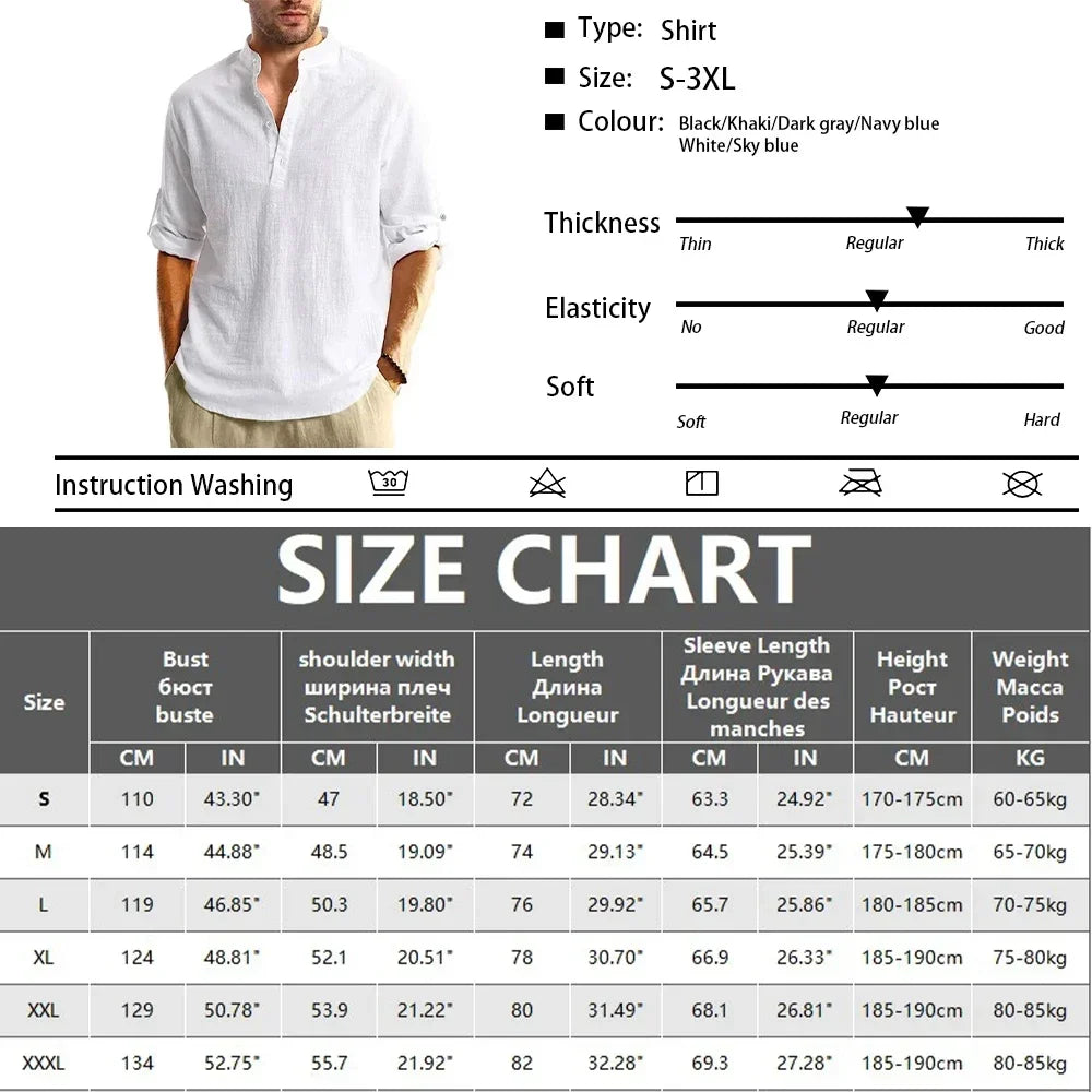 Men'sshirt Classic Casual Stand-up Collar Long-sleeved V-neck Shirt Sleeve Split-sleeved Light Breathable Beach Vacation T-shirt