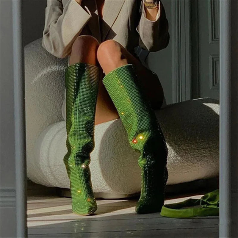 Women Rhinestone Knee High Boots Sexy Lady Pinted Toe Thin Heel Long Boots Woman's Slip-On High Heels Botas Mujer Invierno 2025