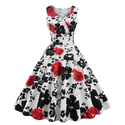 Floral Print 1950s 60s Vintage Women Dress Elegant Summer Robe Ladies Sleeveless V Neck A Line Swing Rockabilly Dresses 2025