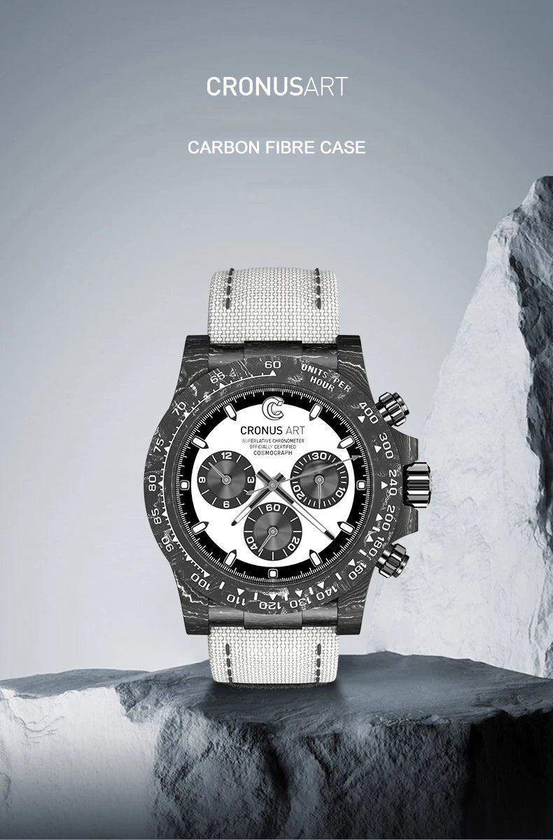 CRONUSART Men Chronograph Watch Pilot 40mm Automatic Mechanical Wristwatch Carbon Fiber Case Luminous Sapphire Mirror