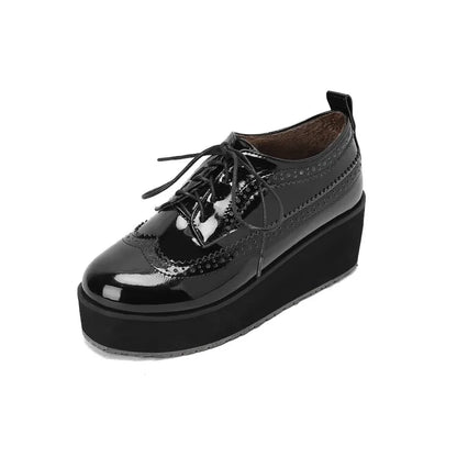 Ochanmeb Big Size 48 Women Patent Leather Brogues High Heels Derby Shoes Platforms Laser Cutout Oxfords Fashion Ladies Pumps Red