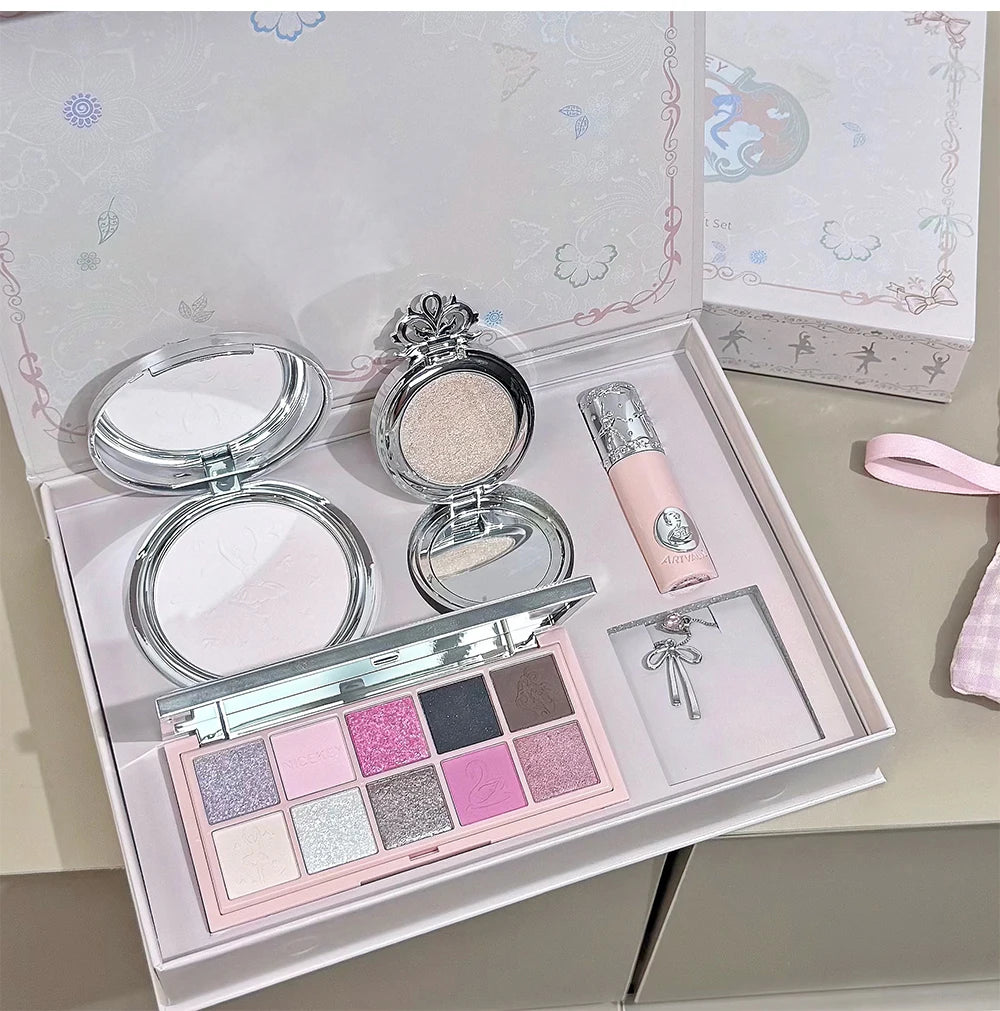 NICEKEY Pink Ballet Makeup Box Include 1*Lip mud,1*Pressed Powder,1*Highlight Powder,1*Eyeshadow Palette Powder With Necklace
