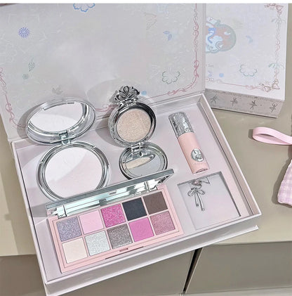 NICEKEY Pink Ballet Makeup Box Include 1*Lip mud,1*Pressed Powder,1*Highlight Powder,1*Eyeshadow Palette Powder With Necklace