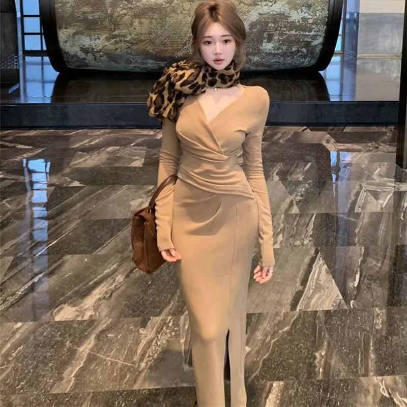 Spring Winter Lady Fashion Designer V-neck Slim Fit Long Sleeves Dress Girls Korean Version Solid Waist Cinching Wrap Hip Skirt
